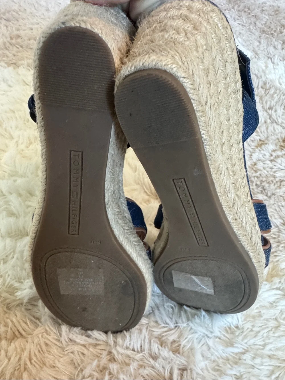 Tommy Hilfiger Navy Blue Wedge Sandals with Brown Trim